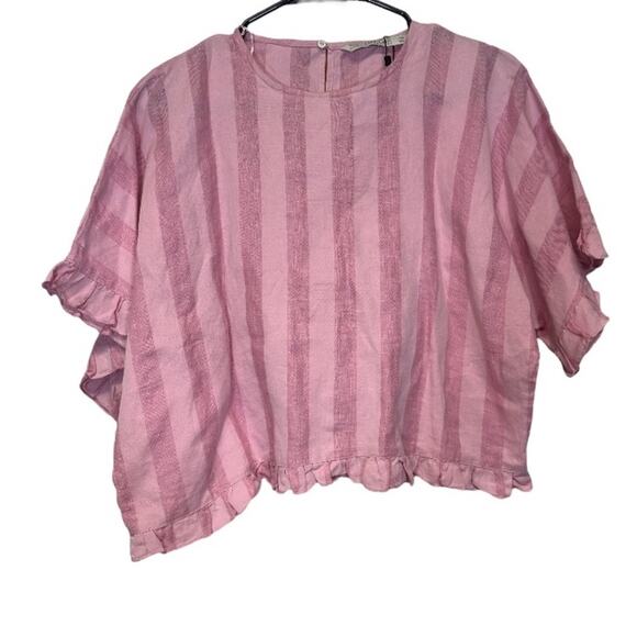 Zara Pink Striped Short Sleeve Ruffle Top Size S‎ - Picture 1 of 8